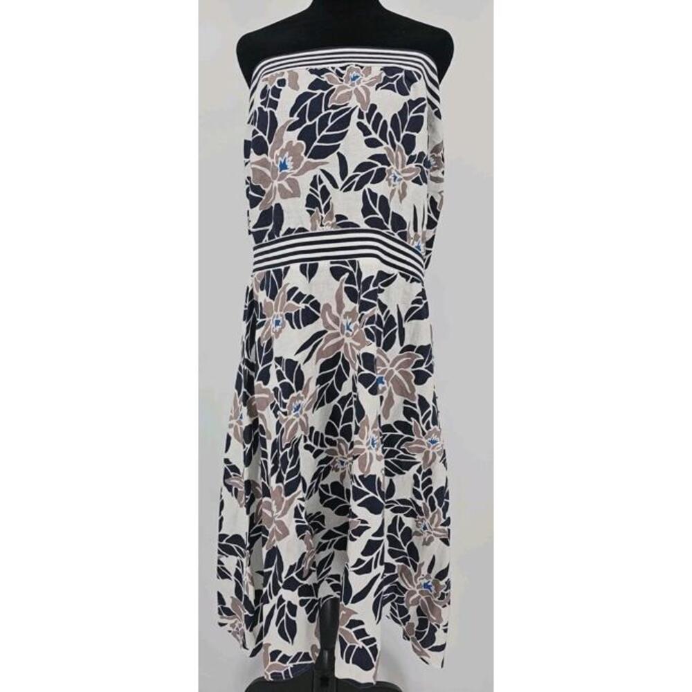 Tommy Bahama Tropical Linen Dress XL Side Zip Strapless‎ White Floral Linen